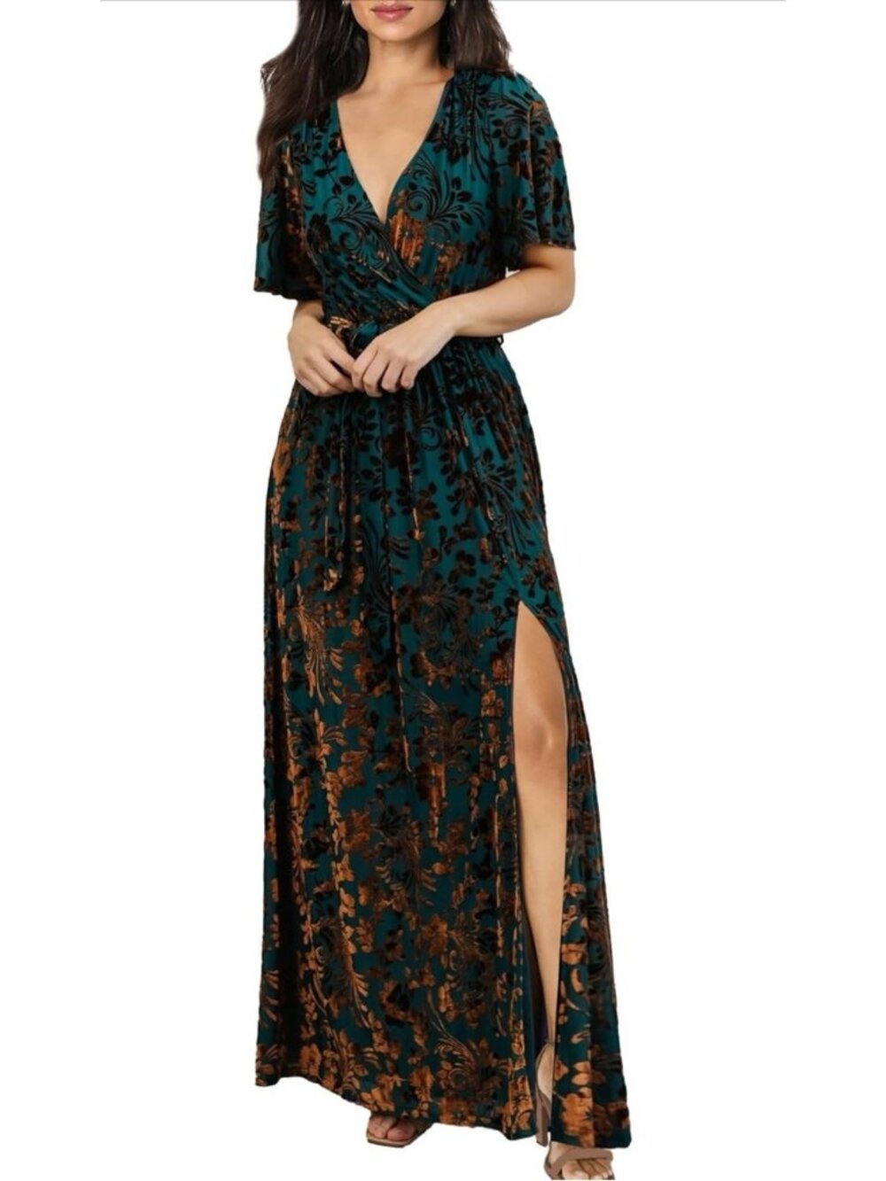 Women’s Fall Ruffle Floral Maxi Long Sleeve Wrap V Neck Boho Flowy Large